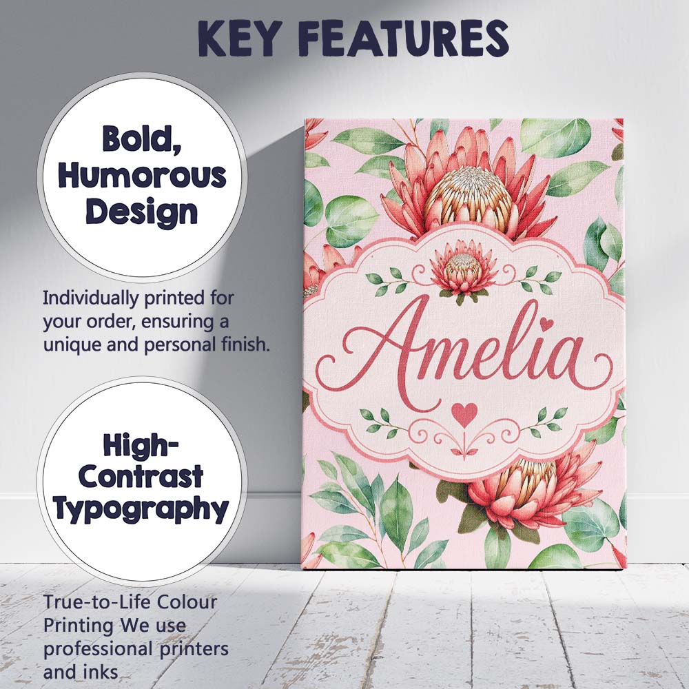 Personalised Name Elegant Protea Flower Custom Unique Gift Idea Modern Room Accent Canvas Wall Art Print Decor Picture Ready to Hang