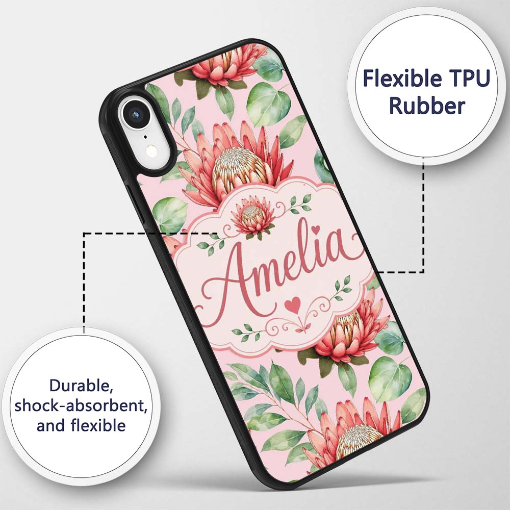 Elegant Protea Flower Pink Botanical Seamless Custom Name Protective Phone Case Mobile Cover Durable Everyday Smartphone Shock Resistant