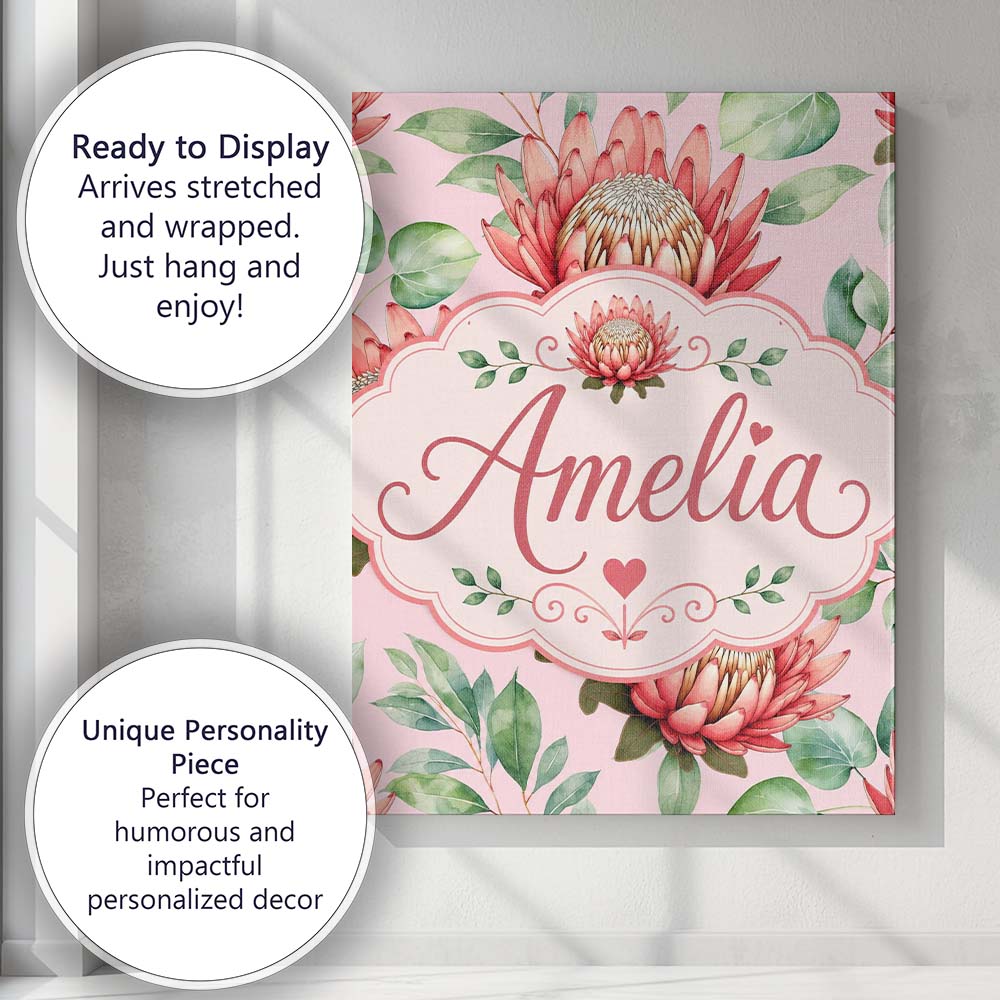 Personalised Name Elegant Protea Flower Custom Unique Gift Idea Modern Room Accent Canvas Wall Art Print Decor Picture Ready to Hang