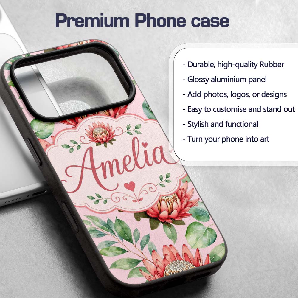 Elegant Protea Flower Pink Botanical Seamless Custom Name Protective Phone Case Mobile Cover Durable Everyday Smartphone Shock Resistant