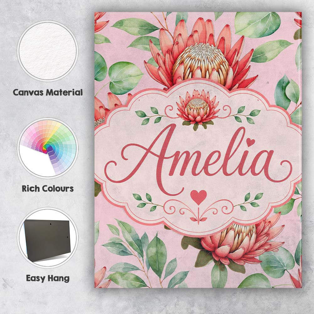 Personalised Name Elegant Protea Flower Custom Unique Gift Idea Modern Room Accent Canvas Wall Art Print Decor Picture Ready to Hang