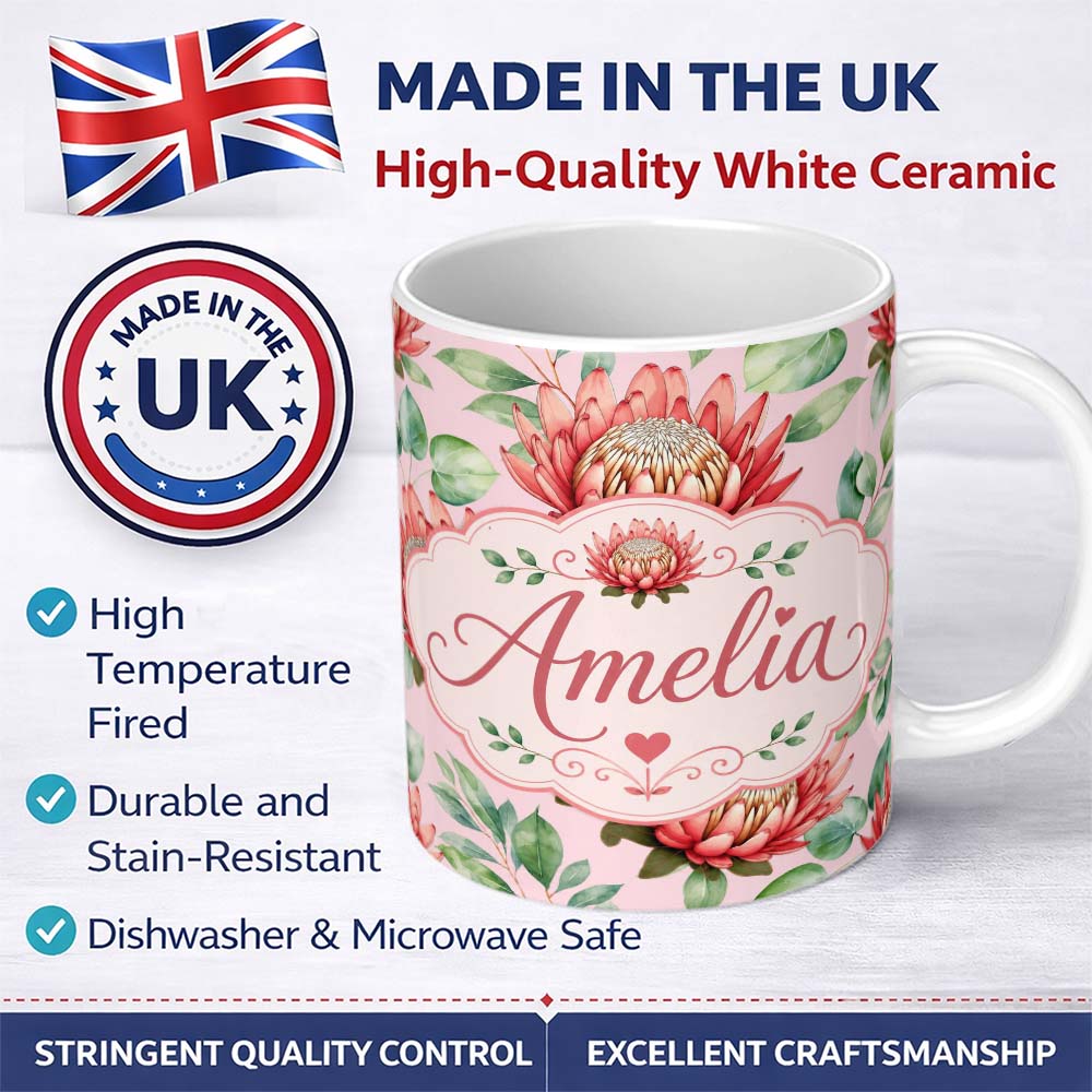 Personalized Custom Name Elegant Protea Flower Pink Botanical Seamless Pattern Art Nature 11oz Ceramic Coffee Tea Mug White Large Handle
