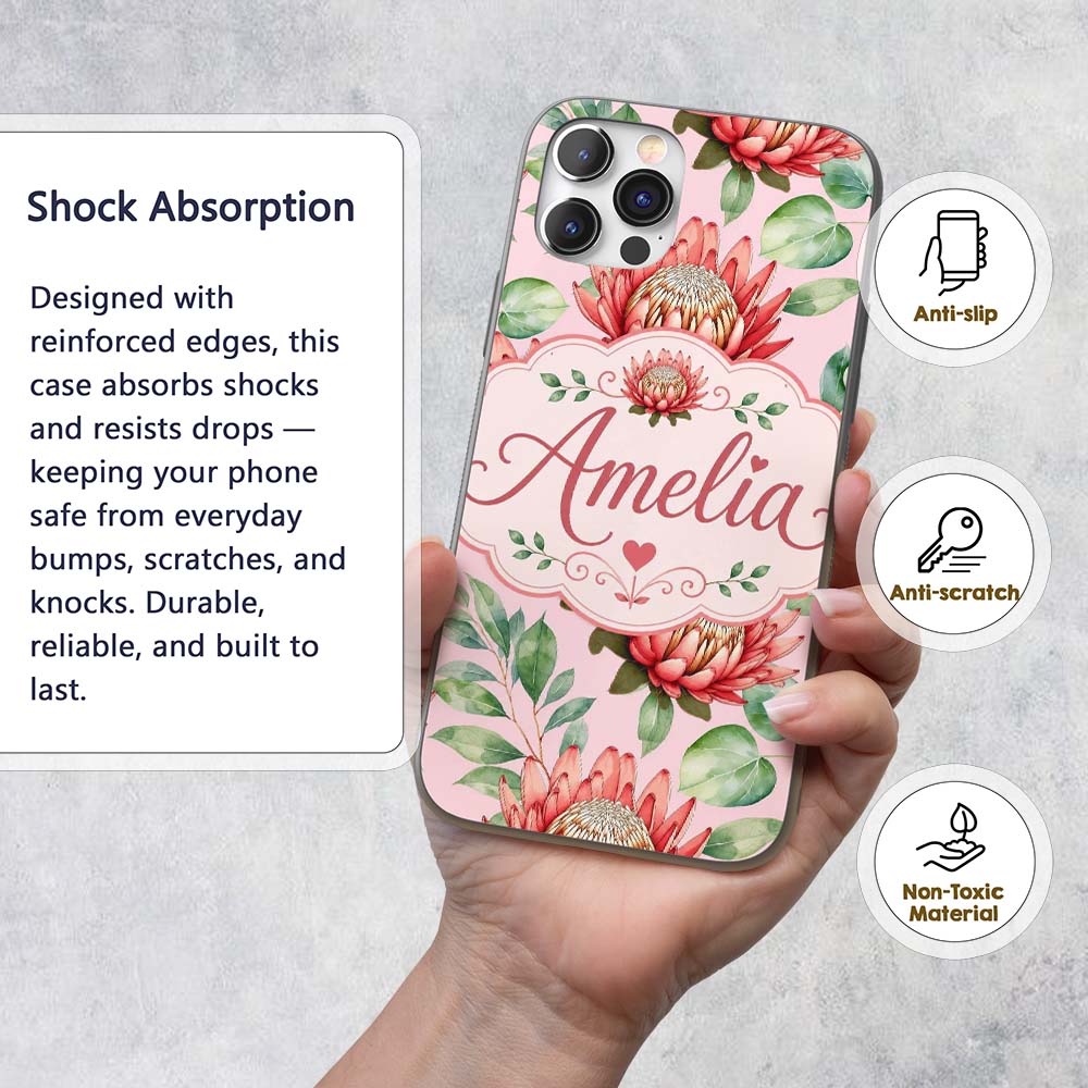 Elegant Protea Flower Pink Botanical Seamless Custom Name Protective Phone Case Mobile Cover Durable Everyday Smartphone Shock Resistant