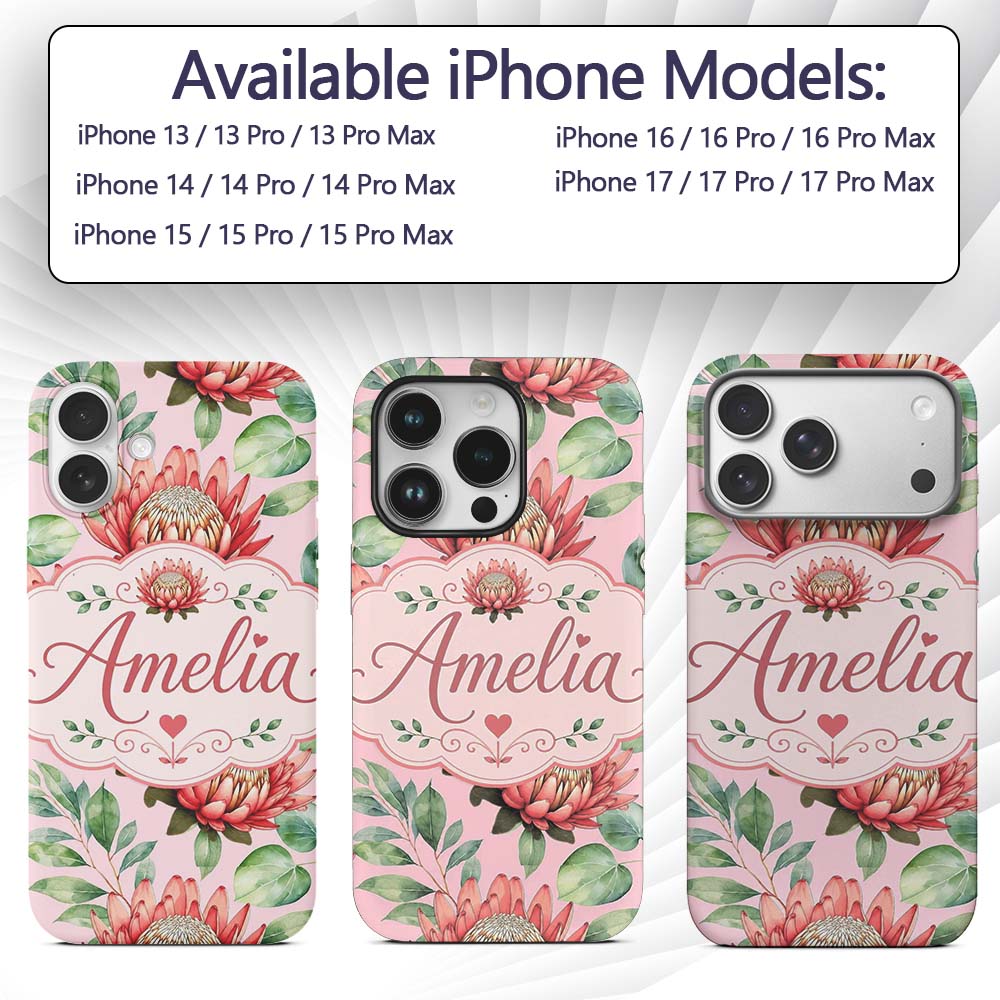 Elegant Protea Flower Pink Botanical Seamless Custom Name Protective Phone Case Mobile Cover Durable Everyday Smartphone Shock Resistant