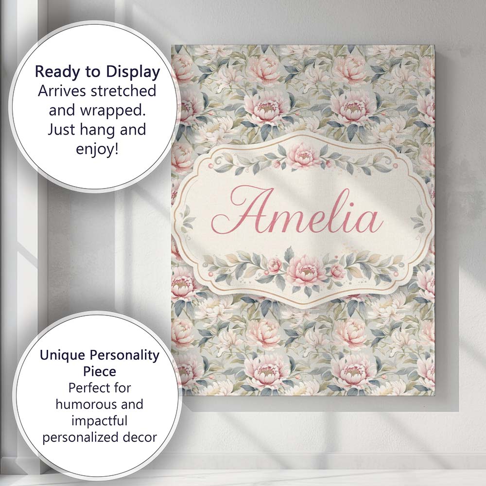 Personalised Name Soft Pastel Peony Floral Garden Seamless Pattern Custom Unique Canvas Wall Art Print Decor Picture Ready to Hang