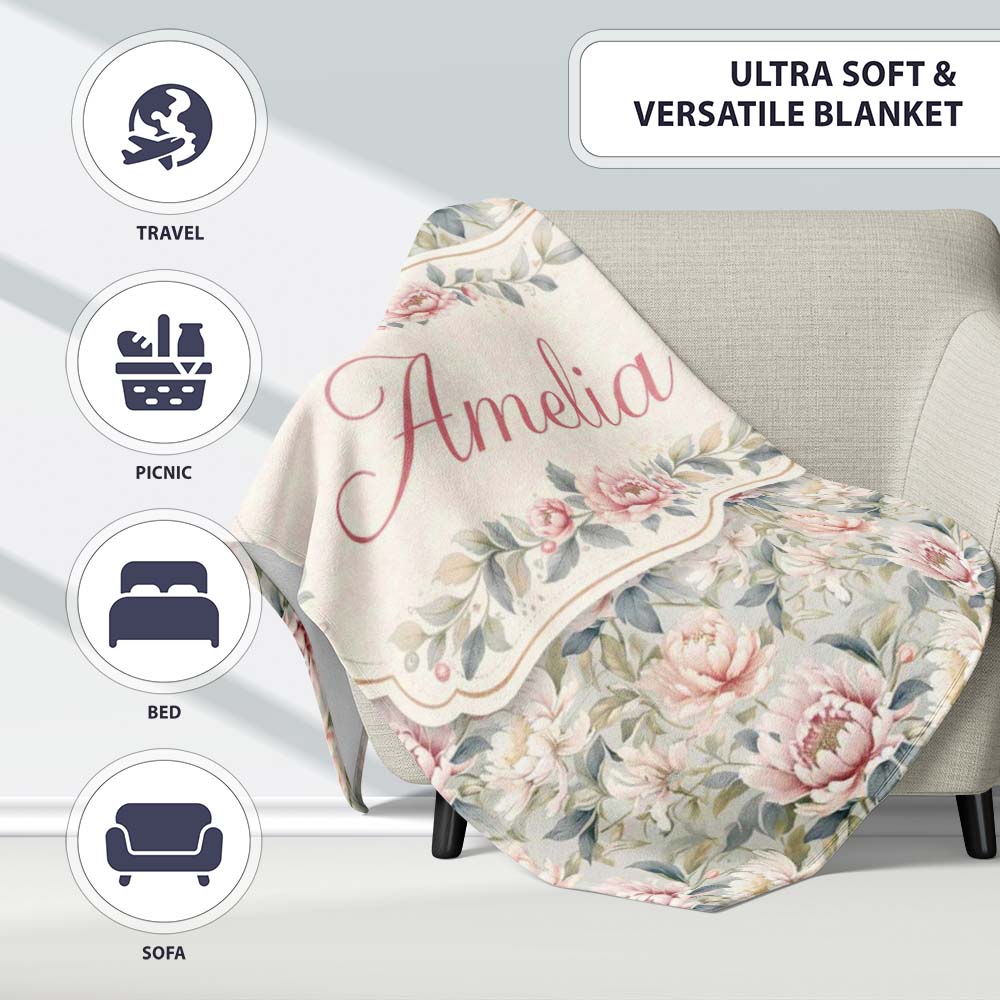 Soft Pastel Peony Floral Garden Seamless Pattern Cute Unique Gift Personalised Custom Name Super Soft Fleece Blanket Bed Sofa Throw