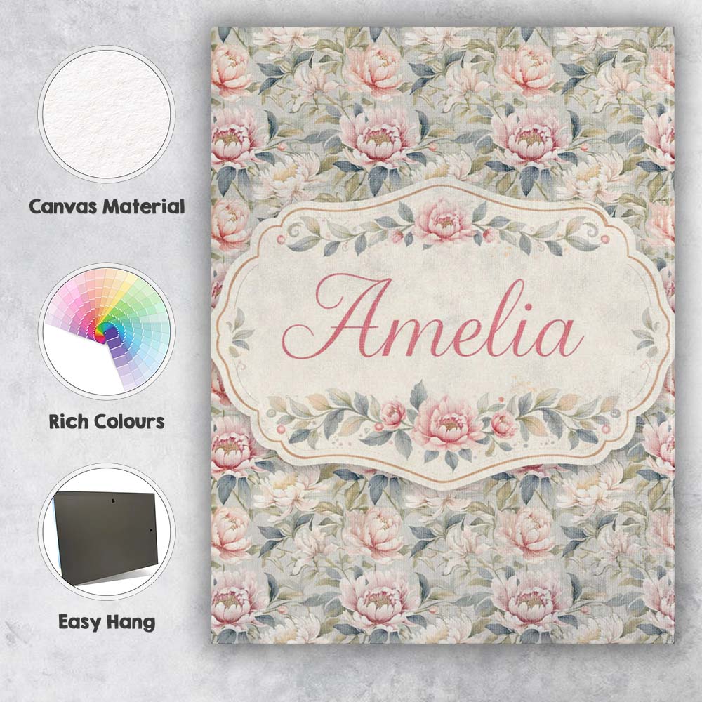 Personalised Name Soft Pastel Peony Floral Garden Seamless Pattern Custom Unique Canvas Wall Art Print Decor Picture Ready to Hang