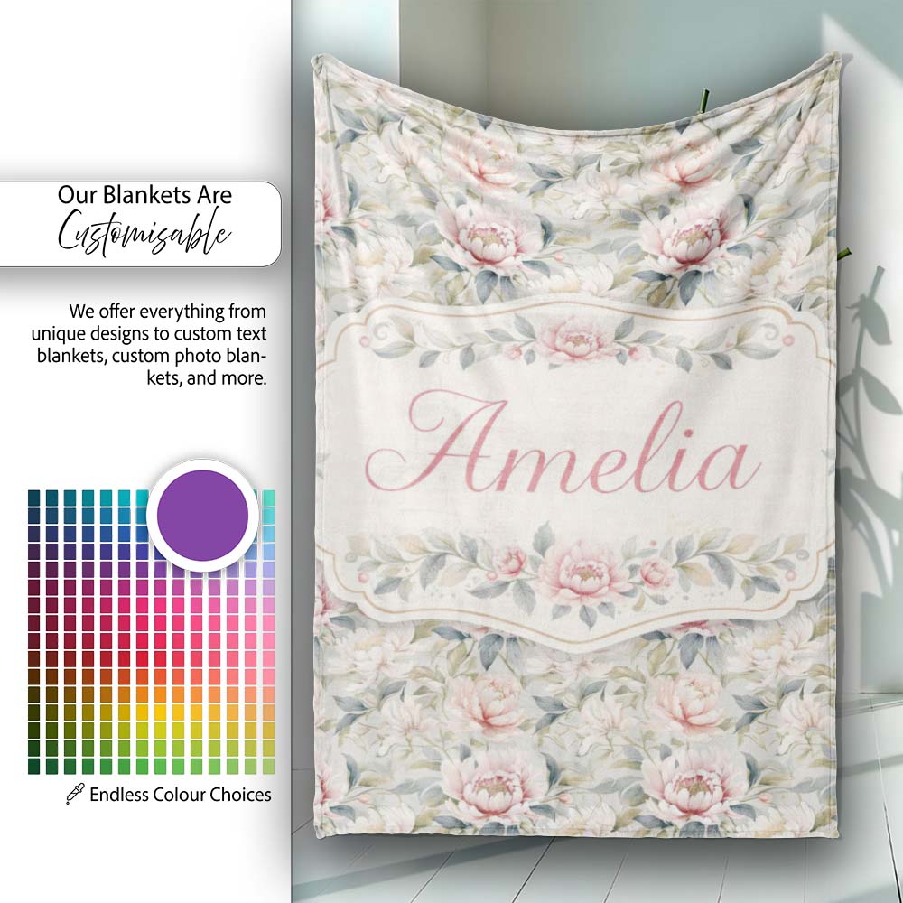 Soft Pastel Peony Floral Garden Seamless Pattern Cute Unique Gift Personalised Custom Name Super Soft Fleece Blanket Bed Sofa Throw
