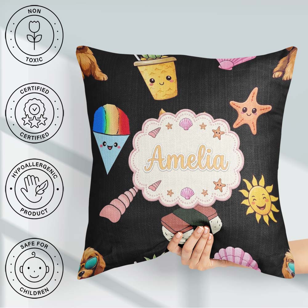 Custom Name Cartoon Dog Summer Fun Kawaii Seamless Pattern Kids Square Filled Cushion Throw Pillow Sofa Bed Home Decor Zip Washable UK Made