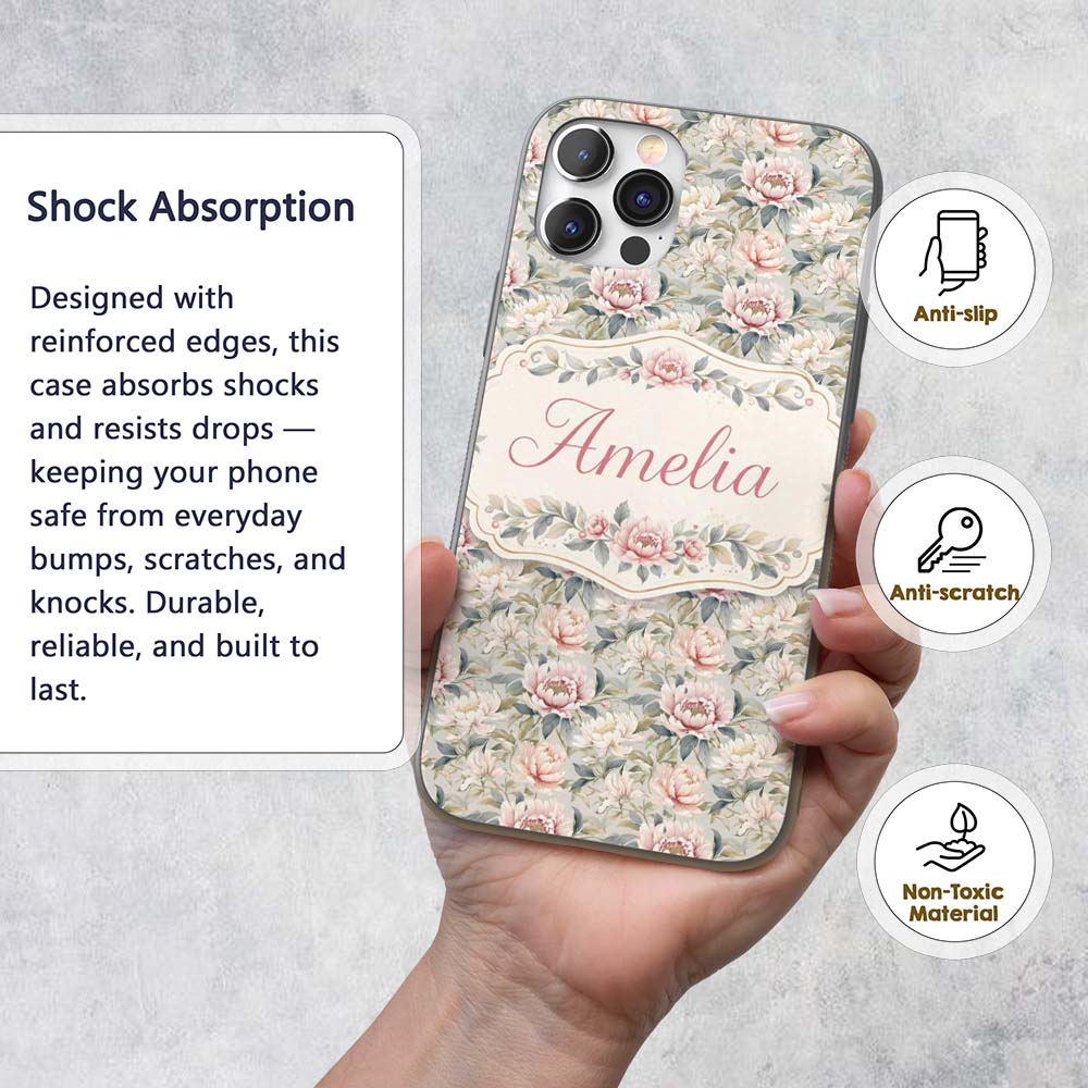 Soft Pastel Peony Floral Garden Seamless Pattern Custom Name Protective Phone Case Mobile Cover Durable Everyday Smartphone Shock Resistant