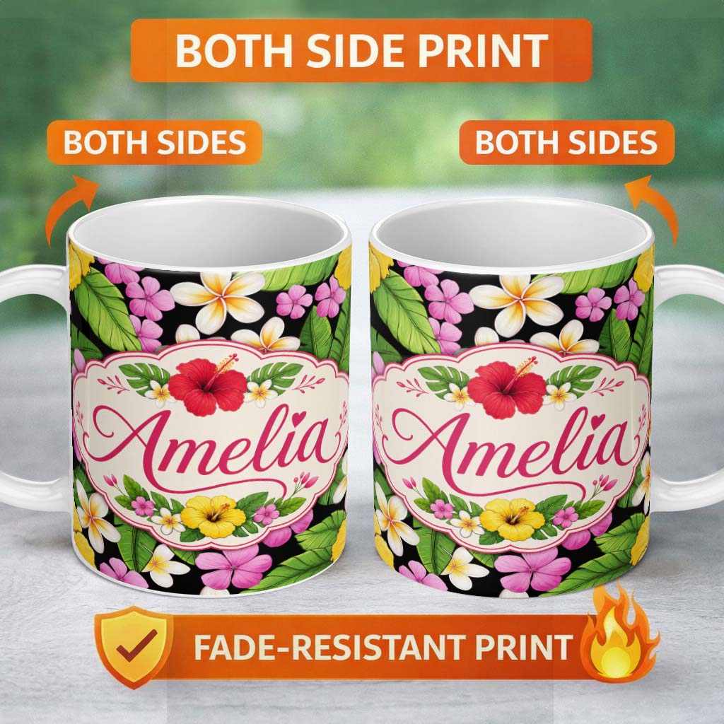 Personalized Custom Name Tropical Hibiscus Flowers Bright Floral Seamless Pattern Exotic 11oz Ceramic Coffee Tea Mug White Large Handle