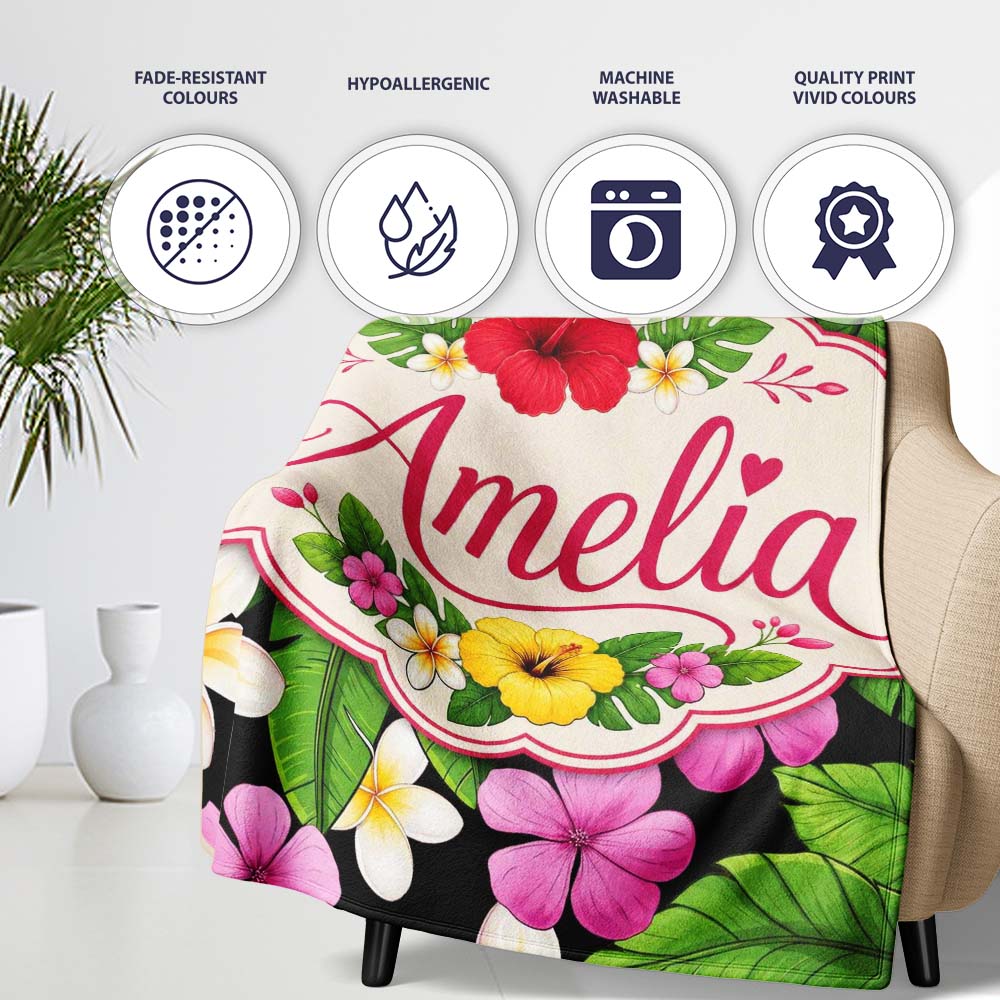 Tropical Hibiscus Flowers Bright Floral Seamless Pattern Exotic Personalised Custom Name Super Soft Fleece Blanket Bed Sofa Throw