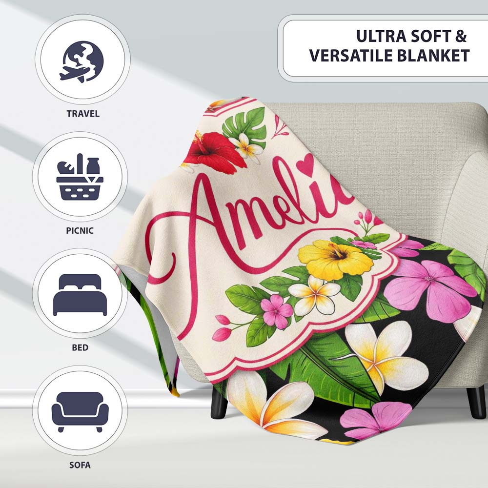 Tropical Hibiscus Flowers Bright Floral Seamless Pattern Exotic Personalised Custom Name Super Soft Fleece Blanket Bed Sofa Throw