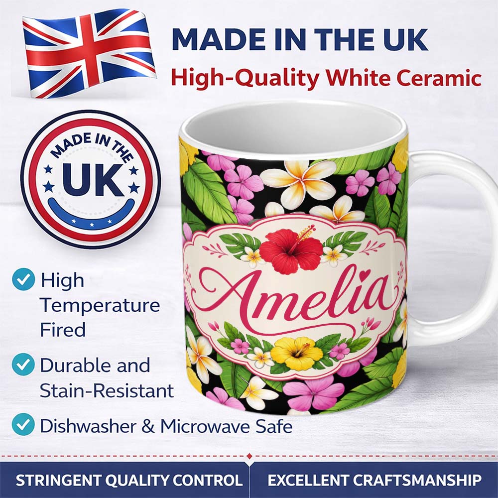 Personalized Custom Name Tropical Hibiscus Flowers Bright Floral Seamless Pattern Exotic 11oz Ceramic Coffee Tea Mug White Large Handle