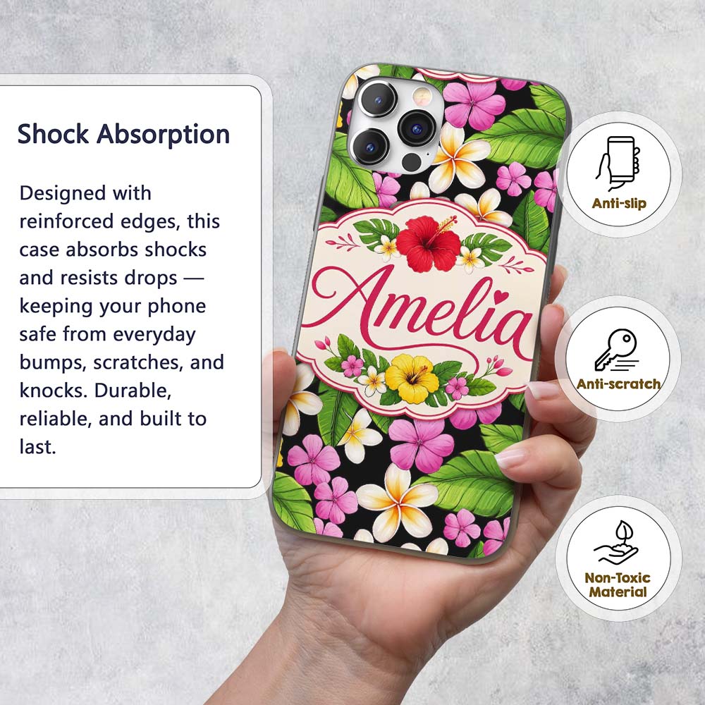 Tropical Hibiscus Flowers Bright Floral Seamless Custom Name Protective Phone Case Mobile Cover Durable Everyday Smartphone Shock Resistant
