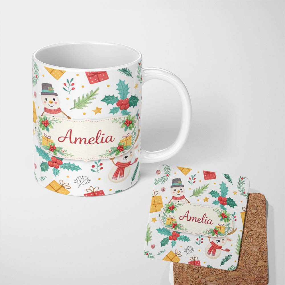 Personalized Custom Name Cute Christmas Snowman Holly Reindeer Seamless Pattern Lovely 11oz Ceramic Coffee Tea Mug White Large Handle