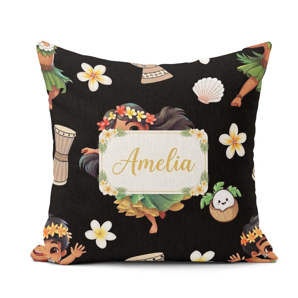 Custom Name Island Girl Hula Dance Tropical Cartoon Pattern Kids Square Filled Cushion Throw Pillow Sofa Bed Home Decor Zip Washable UK Made