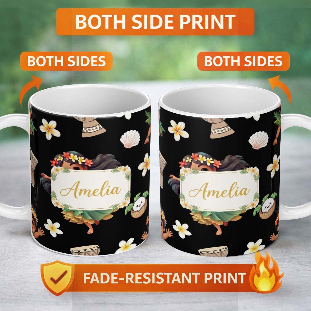 Personalized Custom Name Island Girl Hula Dance Tropical Cute Cartoon Seamless Pattern Kids 11oz Ceramic Coffee Tea Mug White Large Handle