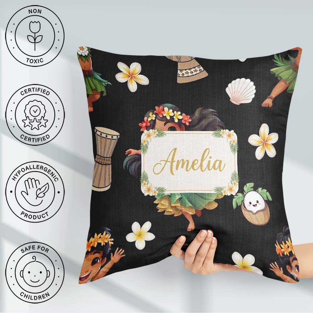 Custom Name Island Girl Hula Dance Tropical Cartoon Pattern Kids Square Filled Cushion Throw Pillow Sofa Bed Home Decor Zip Washable UK Made
