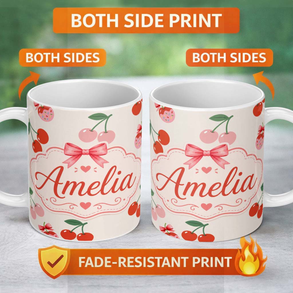 Personalized Custom Name Cute Cherry Fruit with Bow and Sprinkles Seamless Pattern Warm Beige 11oz Ceramic Coffee Tea Mug White Large Handle
