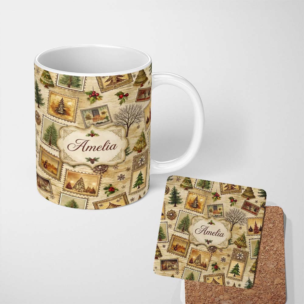 Personalized Custom Name Vintage Framed Winter Landscapes Christmas Trees and Rustic Holiday 11oz Ceramic Coffee Tea Mug White Large Handle