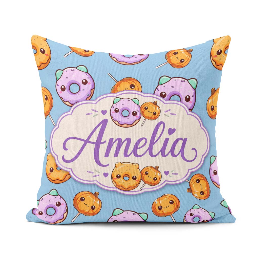 Custom Name Kawaii Donuts Candy Blue Cute Sweet Seamless Pattern Square Filled Cushion Throw Pillow Sofa Bed Home Decor Zip Washable UK Made
