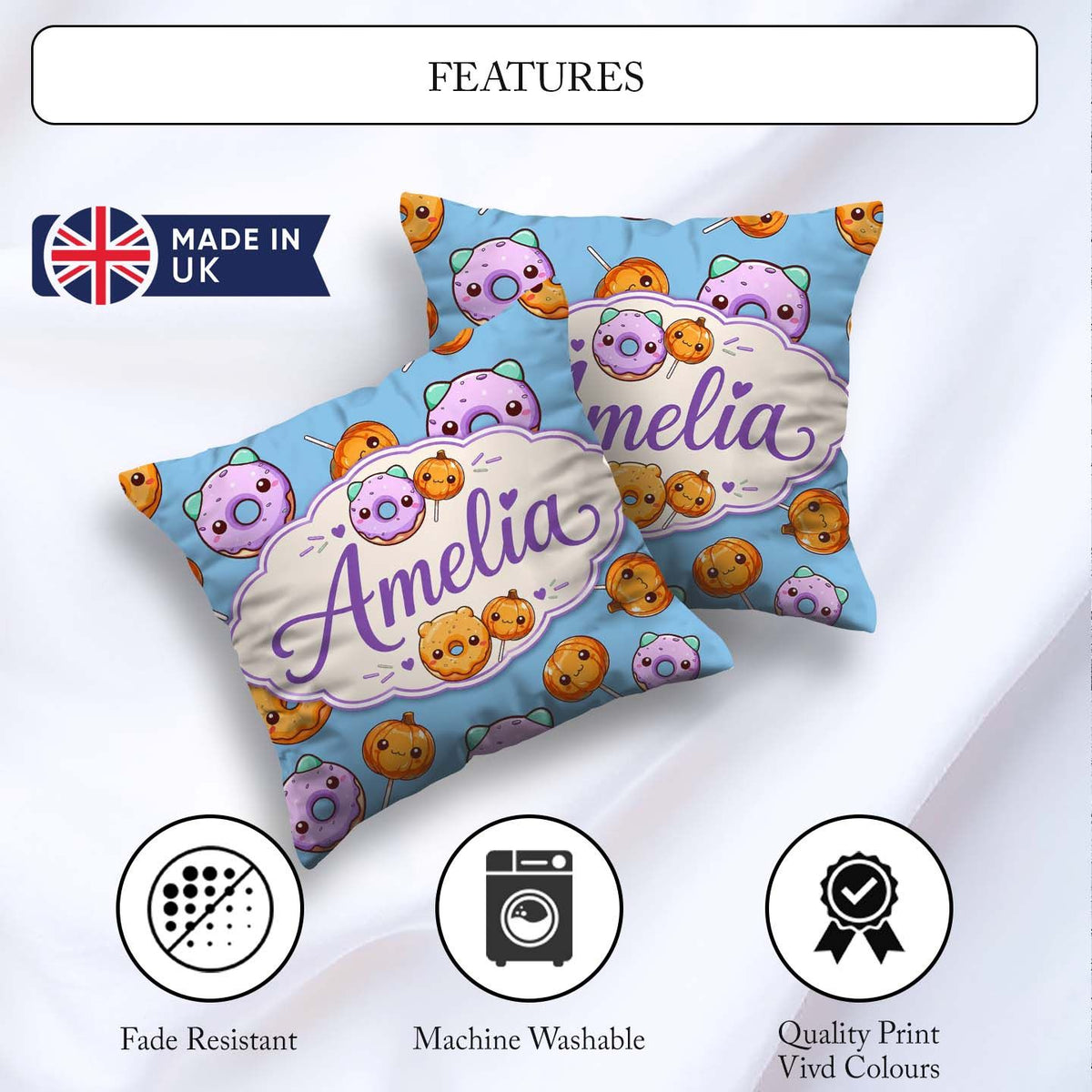 Custom Name Kawaii Donuts Candy Blue Cute Sweet Seamless Pattern Square Filled Cushion Throw Pillow Sofa Bed Home Decor Zip Washable UK Made