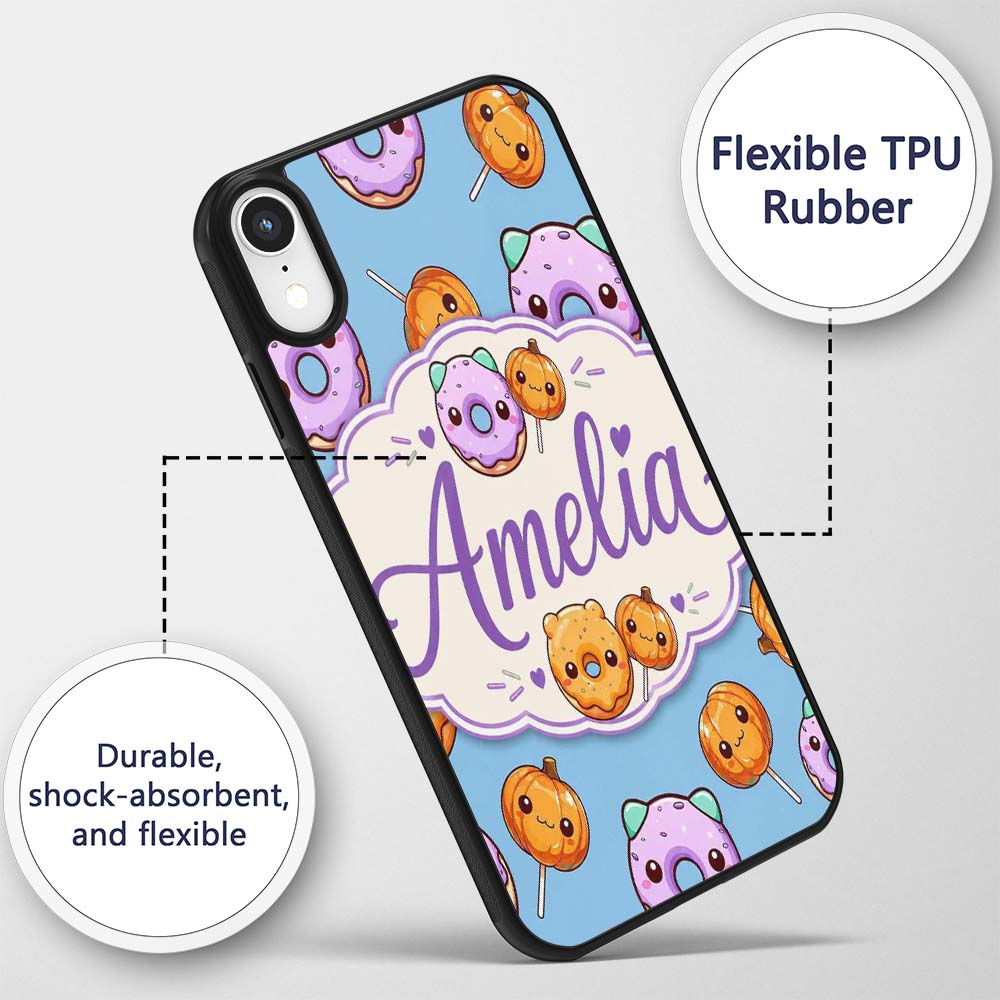 Kawaii Donuts Candy Blue Background Cute Sweet Custom Name Protective Phone Case Mobile Cover Durable Everyday Smartphone Shock Resistant