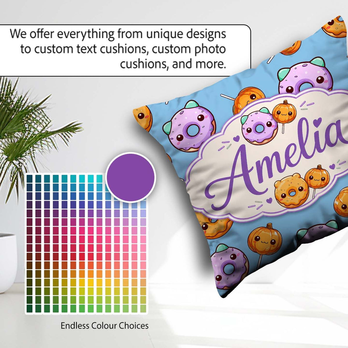 Custom Name Kawaii Donuts Candy Blue Cute Sweet Seamless Pattern Square Filled Cushion Throw Pillow Sofa Bed Home Decor Zip Washable UK Made