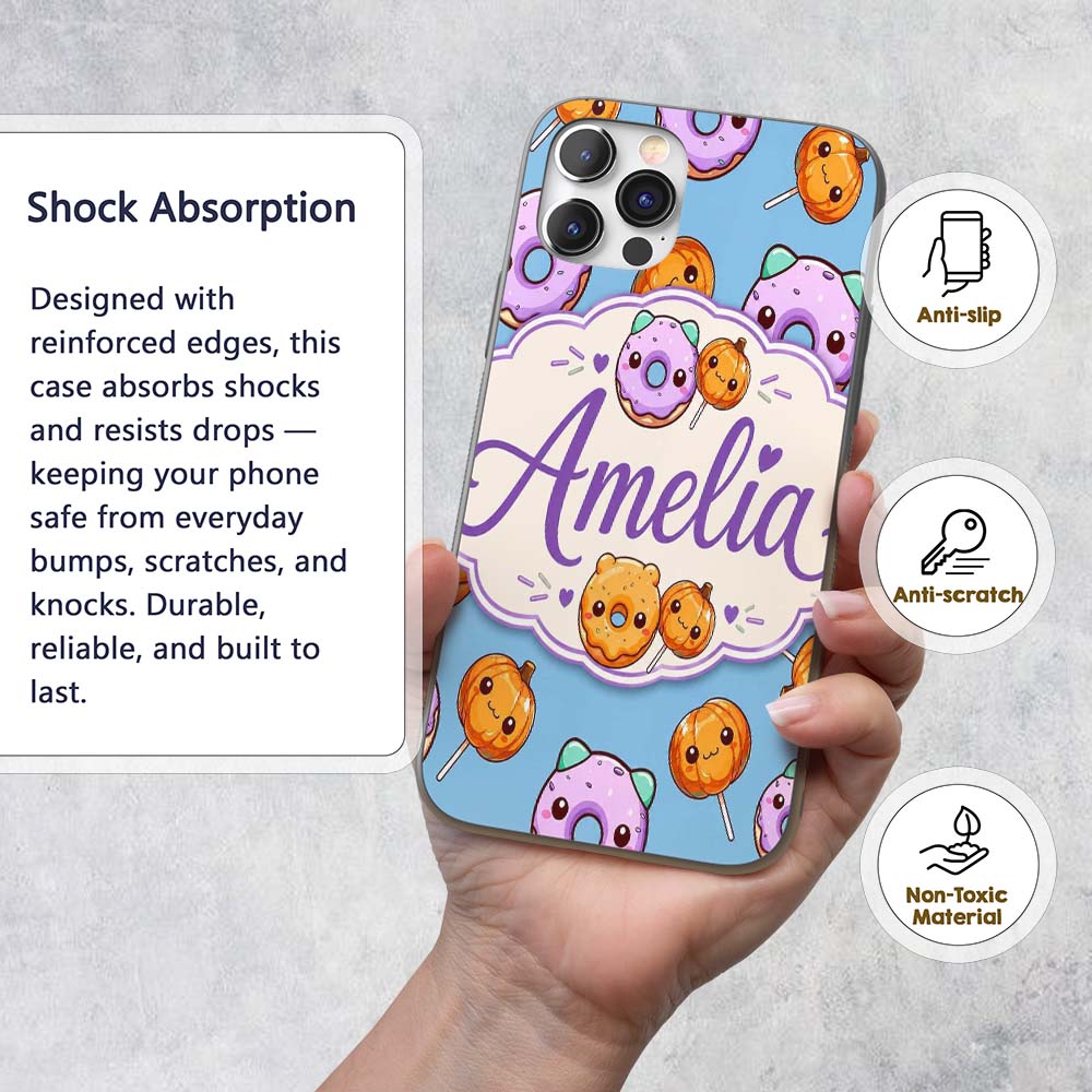 Kawaii Donuts Candy Blue Background Cute Sweet Custom Name Protective Phone Case Mobile Cover Durable Everyday Smartphone Shock Resistant
