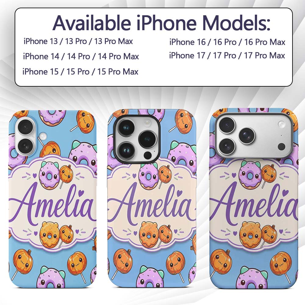 Kawaii Donuts Candy Blue Background Cute Sweet Custom Name Protective Phone Case Mobile Cover Durable Everyday Smartphone Shock Resistant