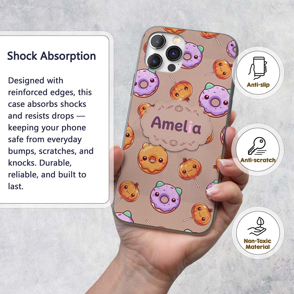 Kawaii Donuts Candy Beige Background Cute Sweet Custom Name Protective Phone Case Mobile Cover Durable Everyday Smartphone Shock Resistant