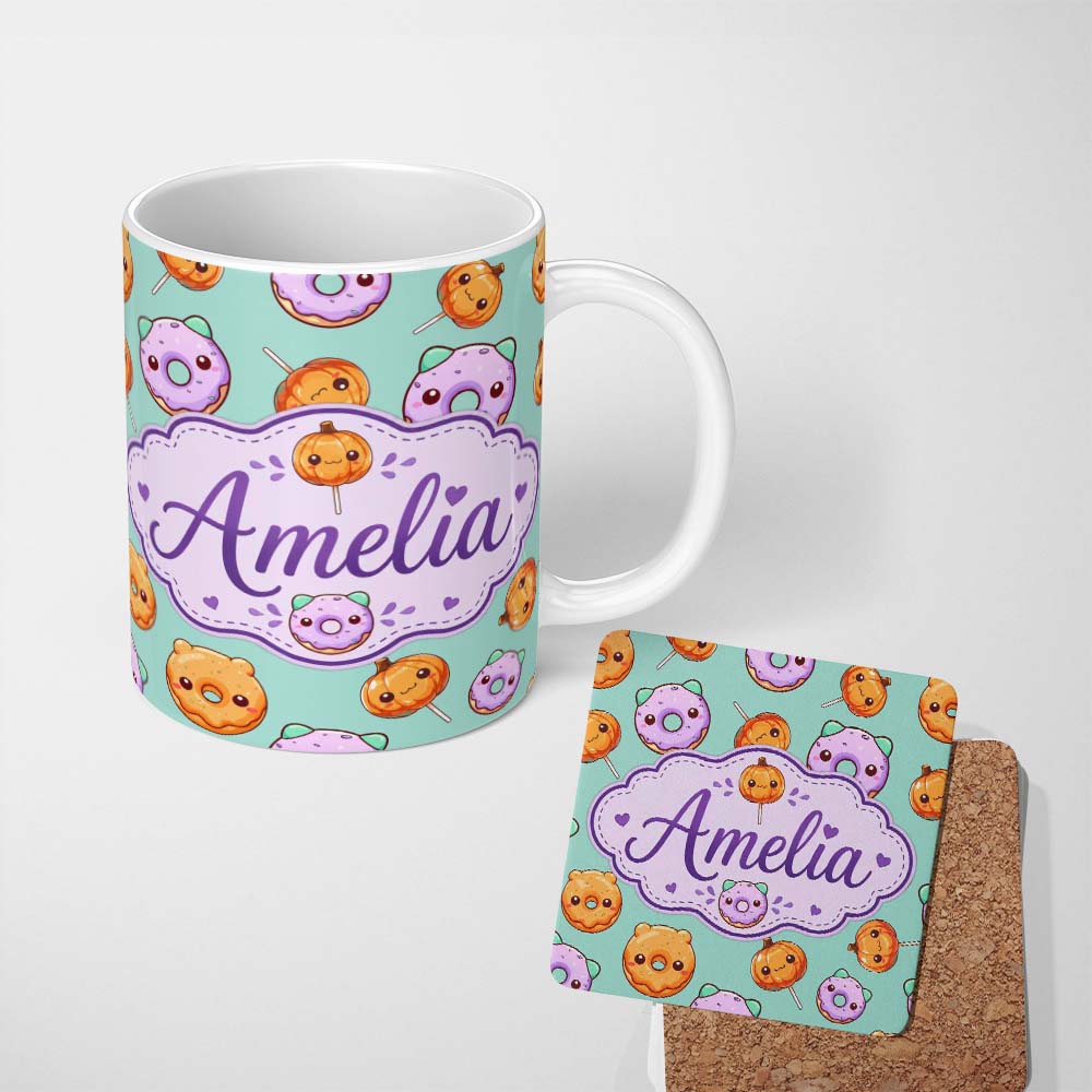 Personalized Custom Name Cute Kawaii Donut Pumpkin Lollipop Pattern Teal Background Name 11oz Ceramic Coffee Tea Mug White Large Handle