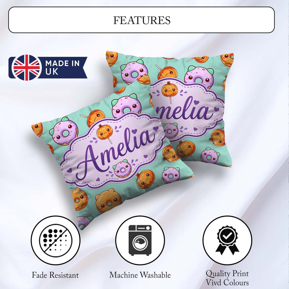 Custom Name Cute Kawaii Donut Pumpkin Lollipop Pattern Teal Name Square Filled Cushion Throw Pillow Sofa Bed Home Decor Zip Washable UK Made