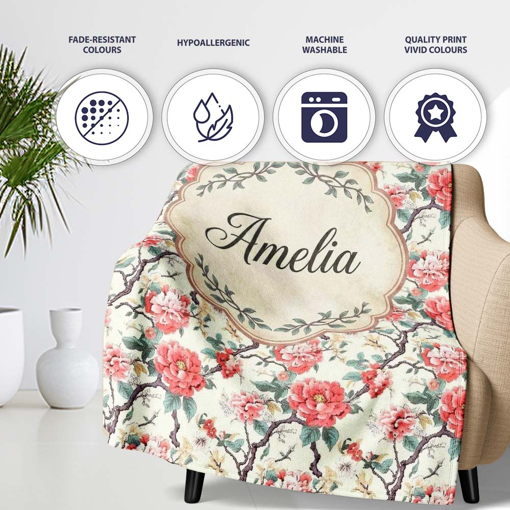 Red Blossom Oriental Floral Branch Seamless Pattern Cute Unique Gift Personalised Custom Name Super Soft Fleece Blanket Bed Sofa Throw