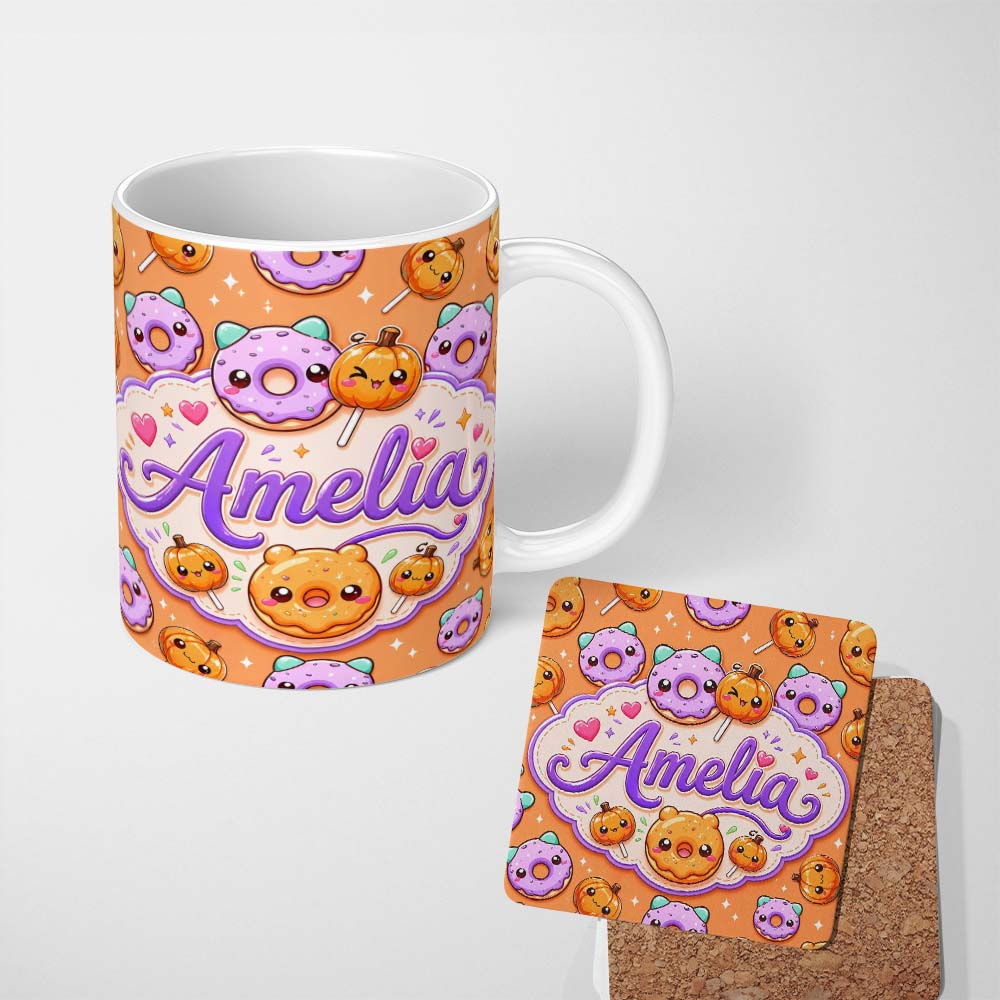 Personalized Custom Name Cute Kawaii Donut Pumpkin Lollipop Pattern Orange Background Name 11oz Ceramic Coffee Tea Mug White Large Handle