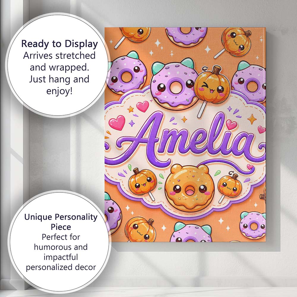 Personalised Name Cute Kawaii Donut Pumpkin Custom Bespoke Interior Contemporary Canvas Wall Art Print Decor Picture Ready to Hang