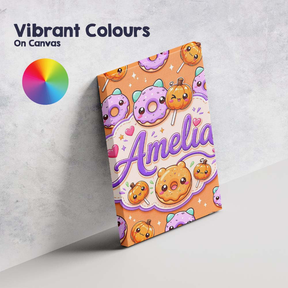 Personalised Name Cute Kawaii Donut Pumpkin Custom Bespoke Interior Contemporary Canvas Wall Art Print Decor Picture Ready to Hang
