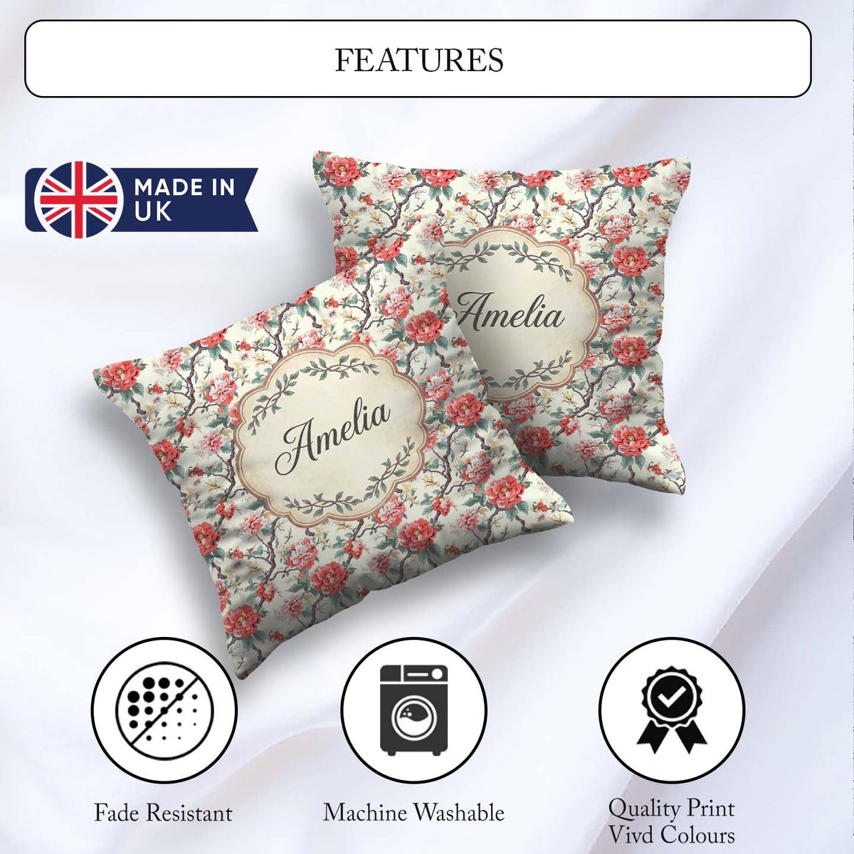 Custom Name Red Blossom Oriental Floral Branch Seamless Pattern Square Filled Cushion Throw Pillow Sofa Bed Home Decor Zip Washable UK Made