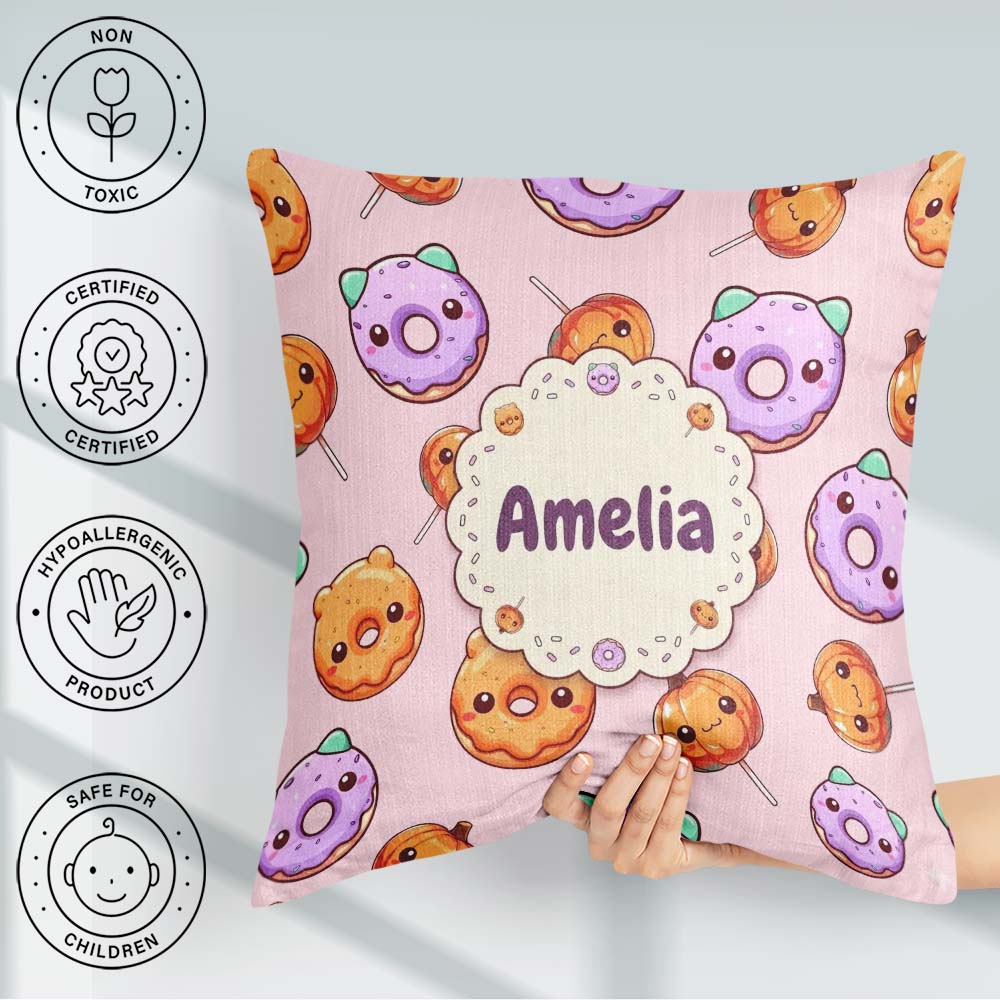 Custom Name Kawaii Donut Pumpkin Lollipop Pattern Soft Pink Name Square Filled Cushion Throw Pillow Sofa Bed Home Decor Zip Washable UK Made