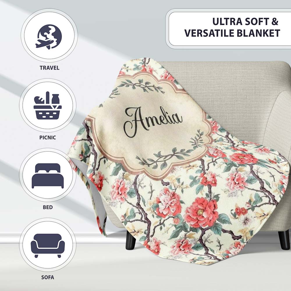 Red Blossom Oriental Floral Branch Seamless Pattern Cute Unique Gift Personalised Custom Name Super Soft Fleece Blanket Bed Sofa Throw