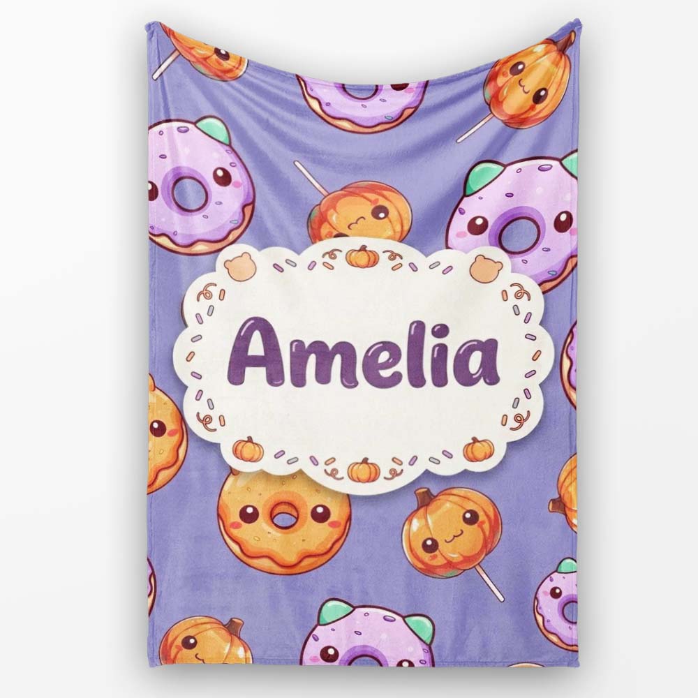 Cute Kawaii Donut Pumpkin Lollipop Pattern Purple Gradient Name Personalised Custom Name Super Soft Fleece Blanket Bed Sofa Throw