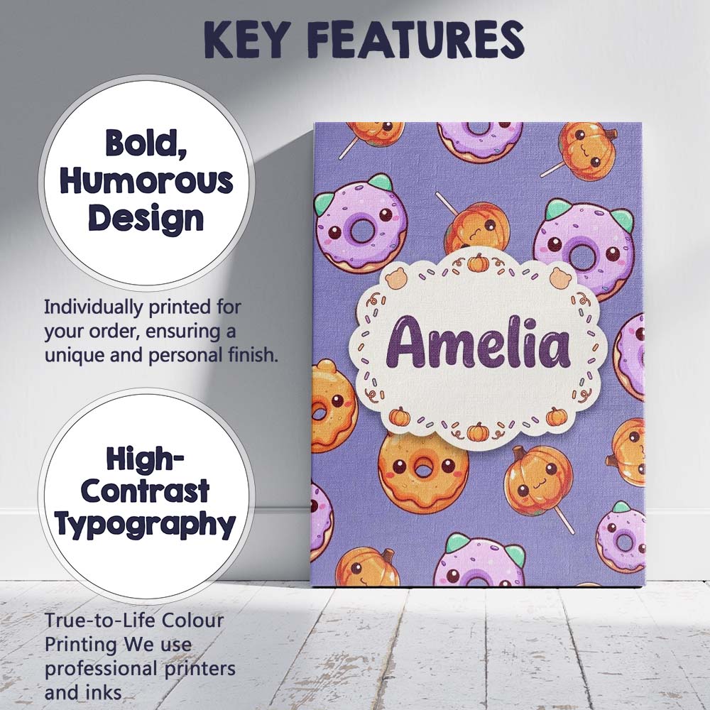 Personalised Name Cute Kawaii Donut Pumpkin Custom Bespoke Interior Contemporary Canvas Wall Art Print Decor Picture Ready to Hang