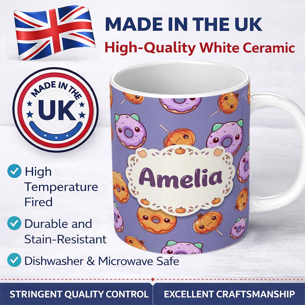 Personalized Custom Name Cute Kawaii Donut Pumpkin Lollipop Pattern Purple Gradient Name 11oz Ceramic Coffee Tea Mug White Large Handle