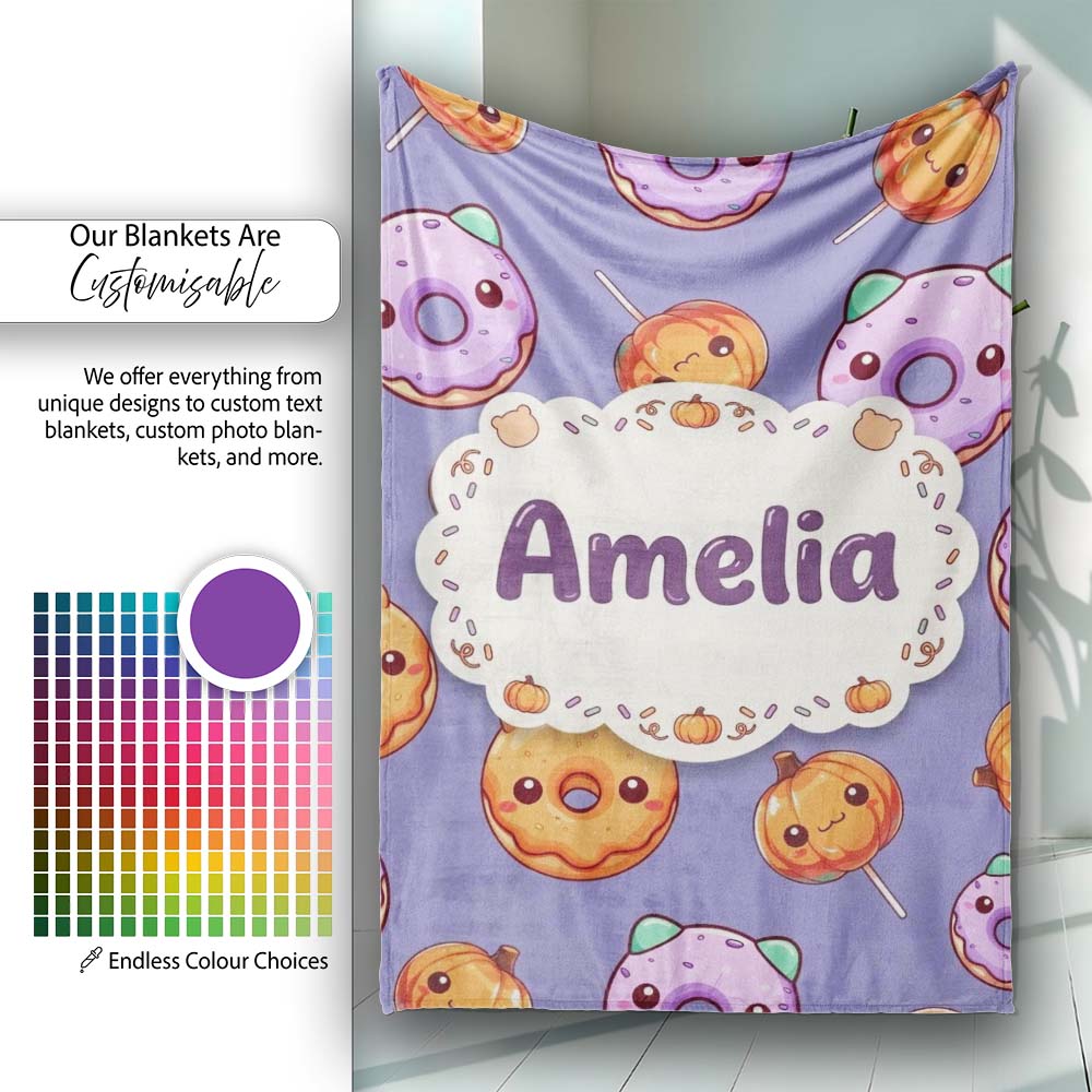 Cute Kawaii Donut Pumpkin Lollipop Pattern Purple Gradient Name Personalised Custom Name Super Soft Fleece Blanket Bed Sofa Throw