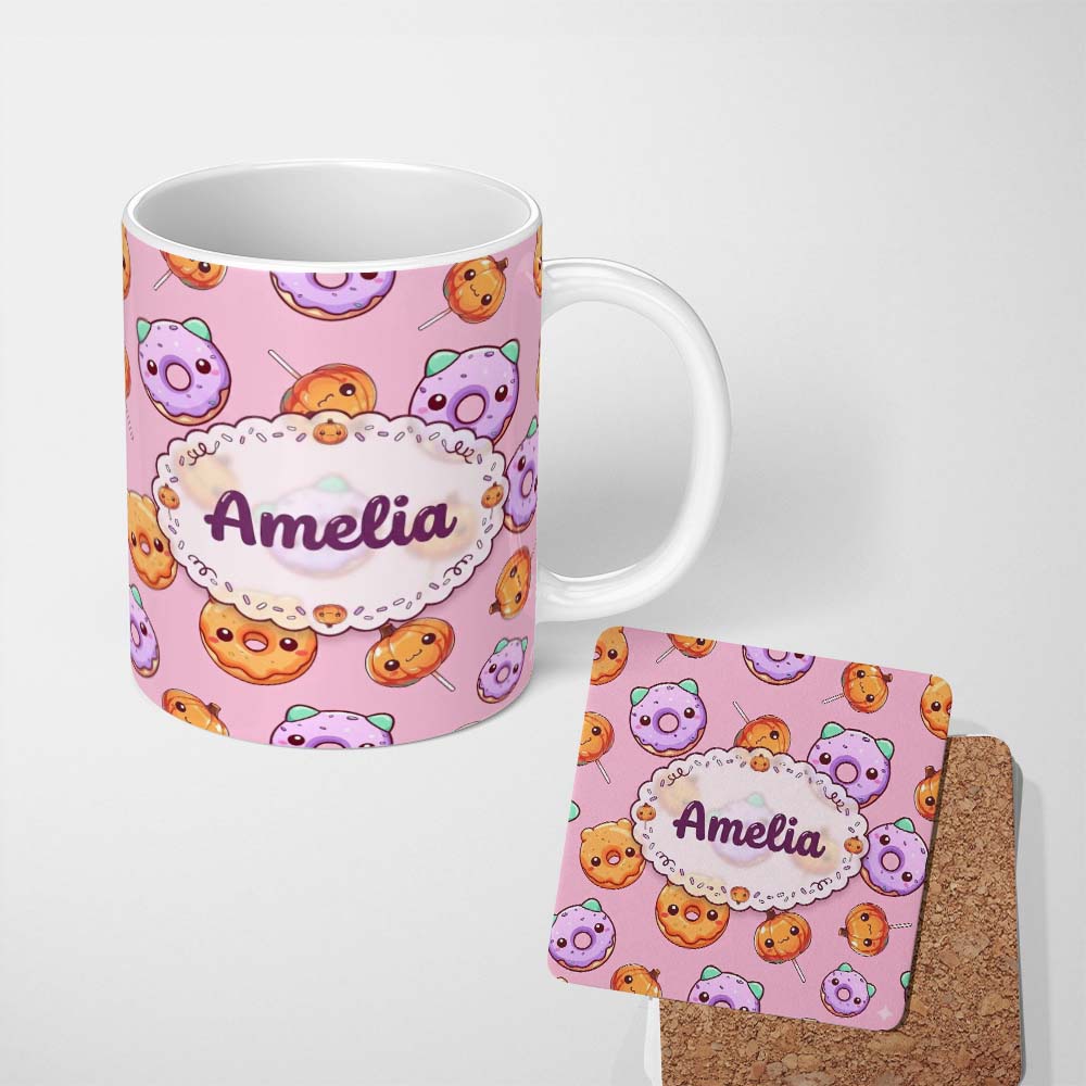 Personalized Custom Name Cute Kawaii Donut Pumpkin Lollipop Pattern Pastel Pink Background 11oz Ceramic Coffee Tea Mug White Large Handle