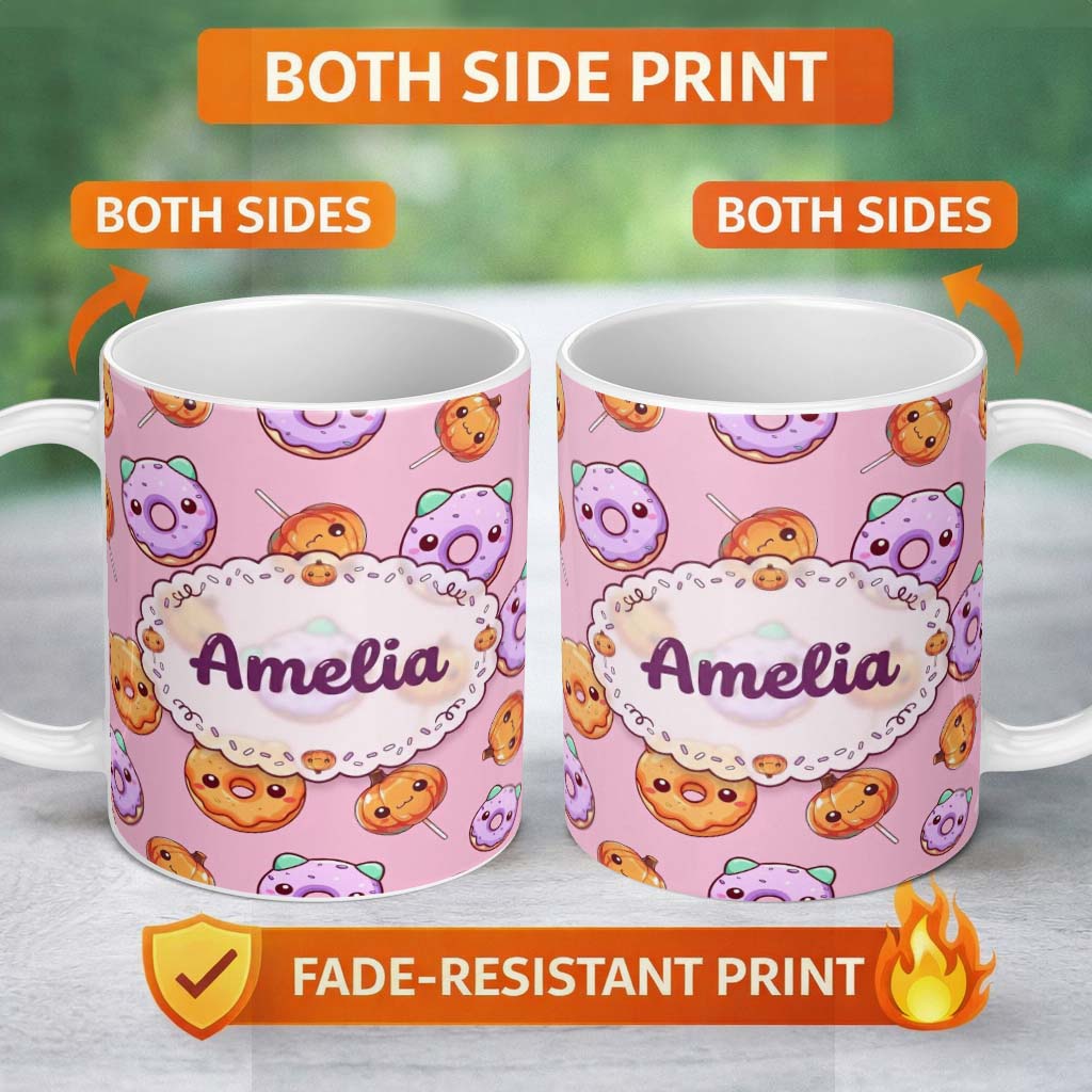 Personalized Custom Name Cute Kawaii Donut Pumpkin Lollipop Pattern Pastel Pink Background 11oz Ceramic Coffee Tea Mug White Large Handle