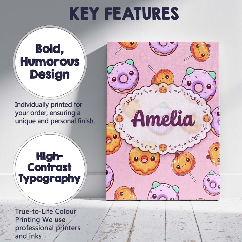 Personalised Name Cute Kawaii Donut Pumpkin Custom Bespoke Interior Contemporary Canvas Wall Art Print Decor Picture Ready to Hang
