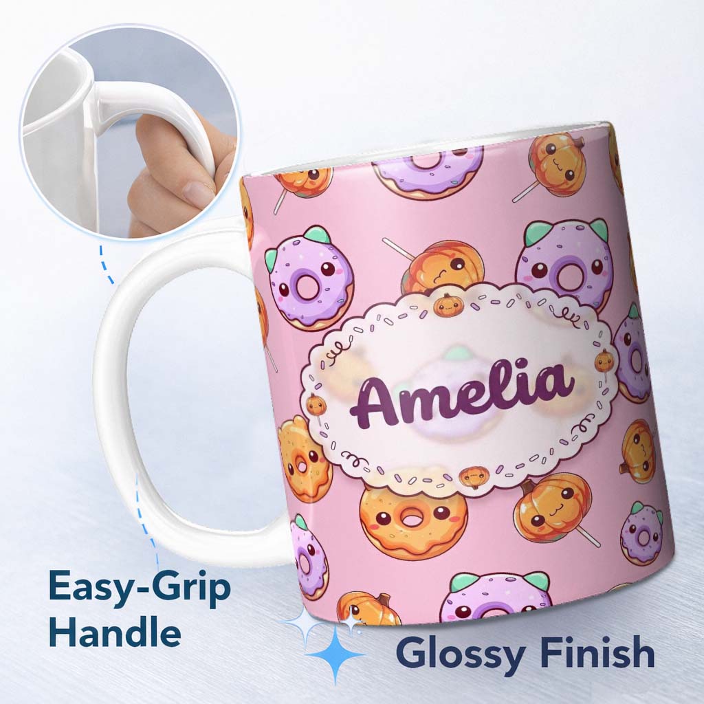 Personalized Custom Name Cute Kawaii Donut Pumpkin Lollipop Pattern Pastel Pink Background 11oz Ceramic Coffee Tea Mug White Large Handle