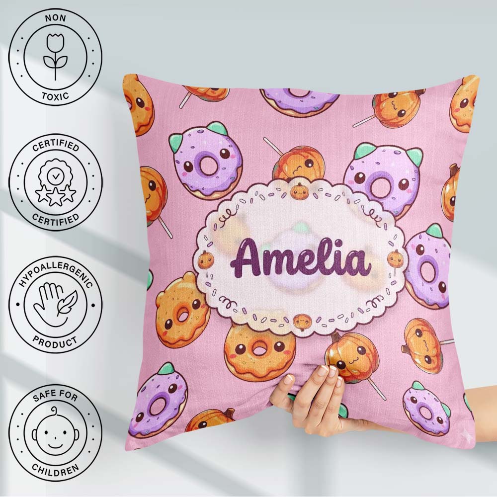 Custom Name Kawaii Donut Pumpkin Lollipop Pastel Pink Background Square Filled Cushion Throw Pillow Sofa Bed Home Decor Zip Washable UK Made